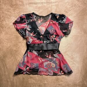 Vintage Y2K Sheer Flutter Sleeve Abstract Floral Blouse Empire Waist Multicolor